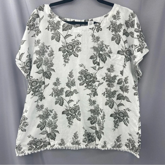 Liz Claiborne Linen Blend Floral Print Short Sleeve Boxy Top Raw Hem Size Large - Picture 1 of 10